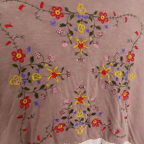 POL Women Boho Embroidered Tan Fringe Trimmed Knit Open Cardigan Duster Cover Up - Picture 3 of 14